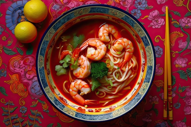 Tom Yum Goong Chinesische Nudelsuppe mit Garnelen Generative AI