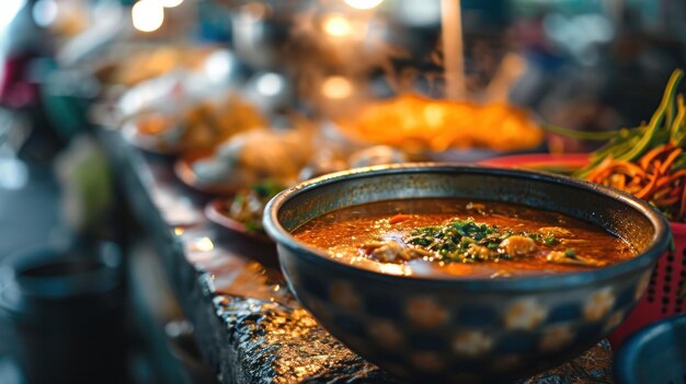 Tom yum goong clássico contra um movimentado mercado de comida de rua tailandês