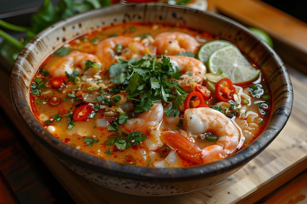 Foto tom yum goong sopa tailandesa picante con camarones tomyam