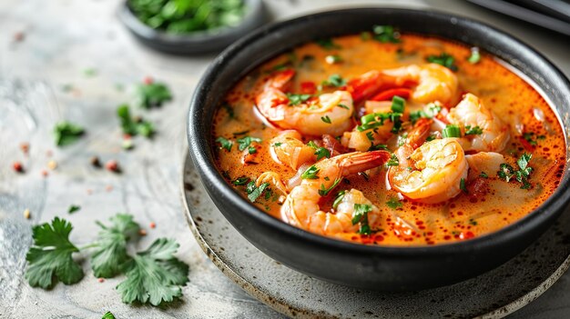 tom yum kung sopa tailandesa picante con camarones en un cuenco negro sobre un fondo de piedra oscura
