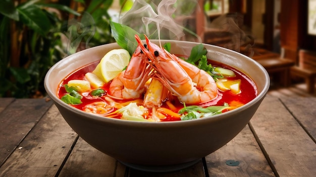 Tom yum kung thai sopa picante caliente camarón con hierba de limón mongalangal y chile en la mesa de madera