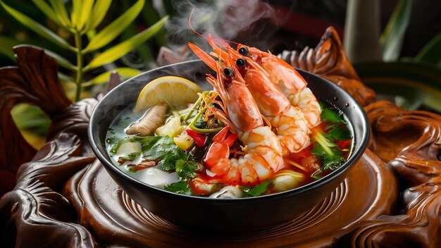 Tom yum kung thai sopa picante caliente camarón con hierba de limón mongalangal y chile en la mesa de madera