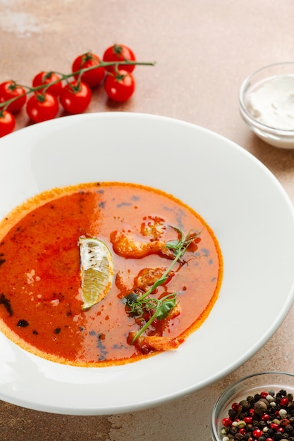 Tom yum en plato blanco sobre fondo de hormigón. Comida tailandesa picante con ingredientes en la mesa. Primer plano de comida tailandesa picante