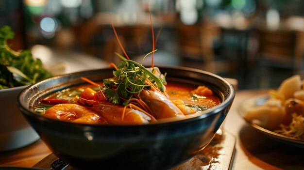 Foto tom yum seafood hot pot contra un interior contemporáneo de un restaurante tailandés