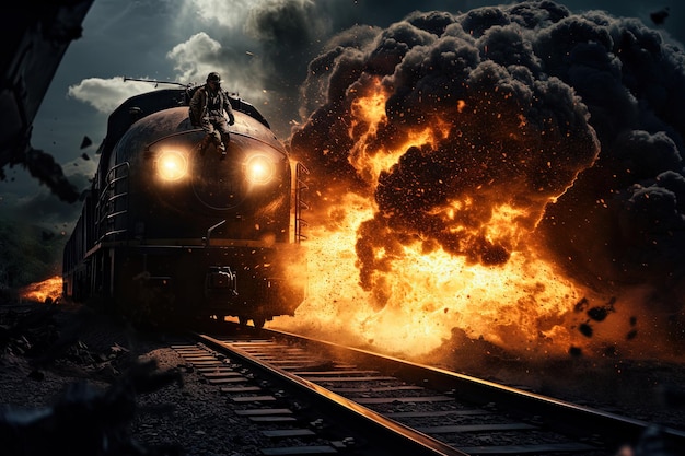 Toma de acción con un hombre saltando del tren Escena dinámica con la explosión de un vagón de tren en el estilo de una película de acción IA generada