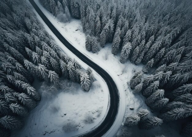 una toma aérea de un camino nevado en medio de un bosque