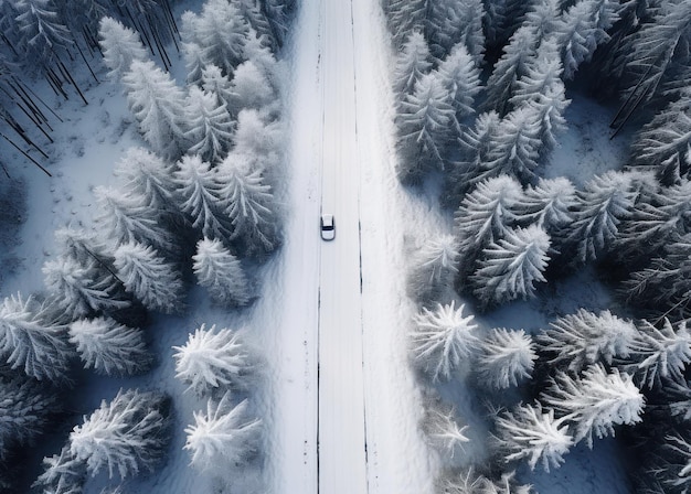 una toma aérea de un camino nevado en medio de un bosque