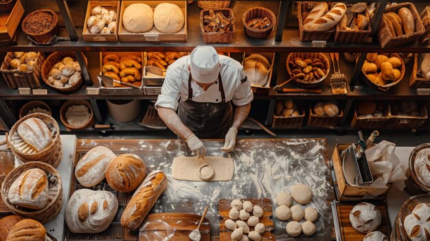 Una toma aérea de un chef profesional trabajando en una panadería