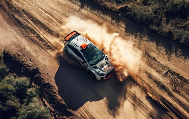 Toma aérea de un coche de carreras de rally montado en una pista de tierra en un día soleado