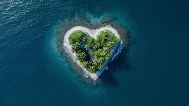 Toma aérea de un dron de una palmera tropical en forma de corazón