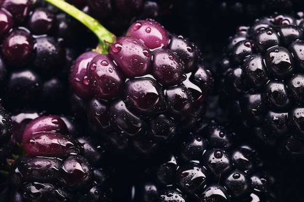 Toma aérea generativa de IA de moras con gotas de agua visibles en primer plano