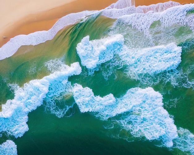 Toma aérea de las olas del océano en la vista superior de la playa de arena Ai generativo