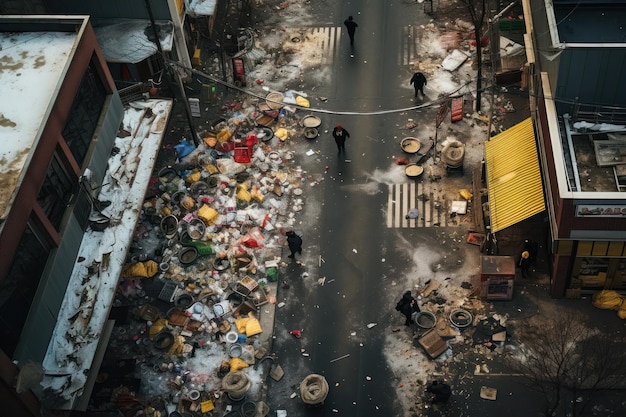 La toma aérea de la plaza de la ciudad llena de basura clama por una eliminación adecuada de los desechos surge una crisis de basura