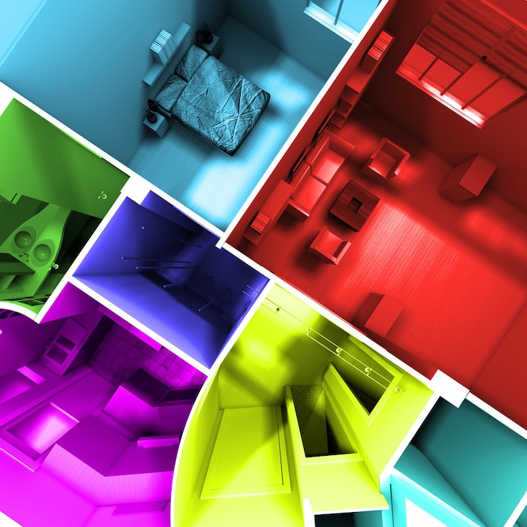 Foto toma aérea de renderizado 3d de un apartamento sin techo con habitaciones en diferentes colores vivos