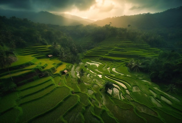 Toma aérea sobre arrozales en el este de Bali.