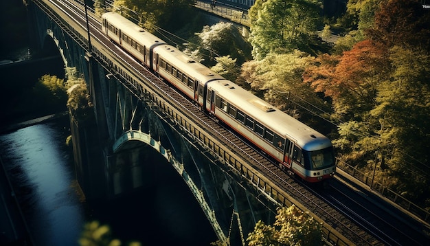 Toma aérea del tren en la fotografía del viaducto.