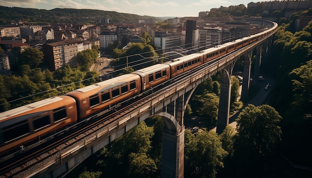 Toma aérea del tren en la fotografía del viaducto.