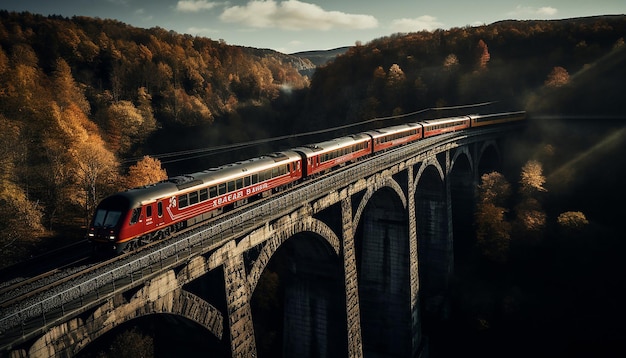 Toma aérea del tren en la fotografía del viaducto.