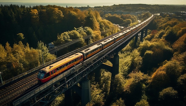 Toma aérea del tren en la fotografía del viaducto.