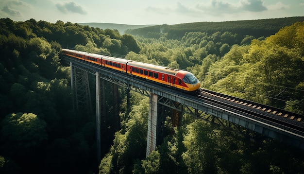 Toma aérea del tren en la fotografía del viaducto.