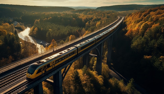 Toma aérea del tren en la fotografía del viaducto.