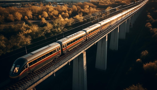 Toma aérea del tren en la fotografía del viaducto.