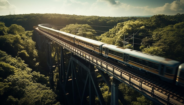 Toma aérea del tren en la fotografía del viaducto.