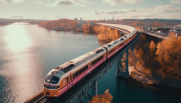 Toma aérea del tren en la fotografía del viaducto.