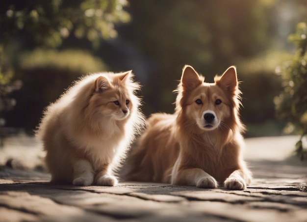 Una toma aislada de un perro acurrucado con un gato en el jardín