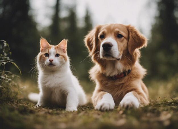 Una toma aislada de un perro acurrucado con un gato en el jardín