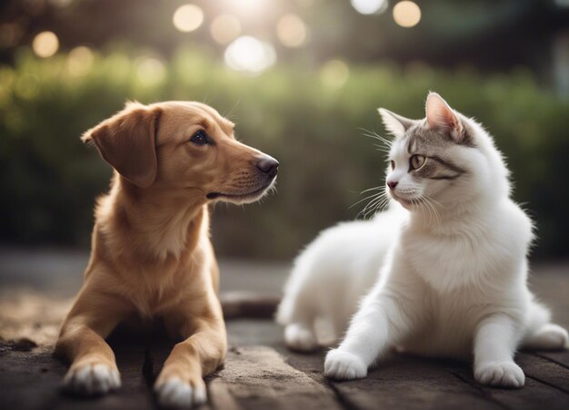 Una toma aislada de un perro acurrucado con un gato en el jardín