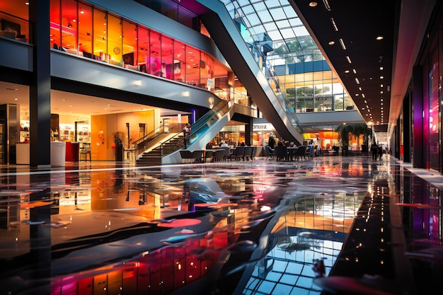 Toma amplia y completa dentro de un centro comercial con pasarelas de cristal.