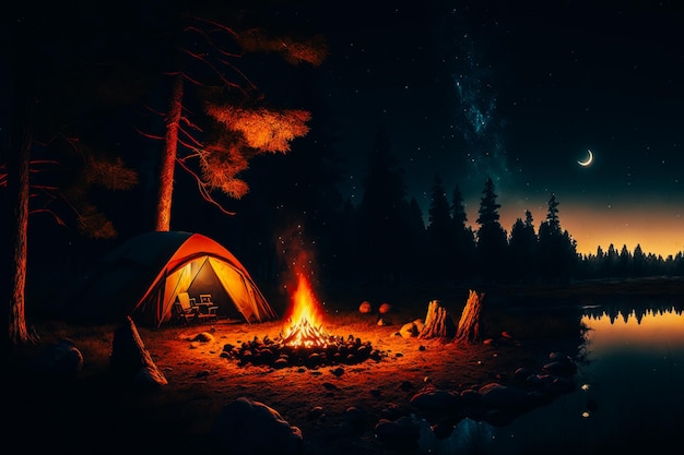 Foto una toma amplia de un pequeño campamento enclavado en el bosque con una carpa montada bajo el cielo nocturno estrellado