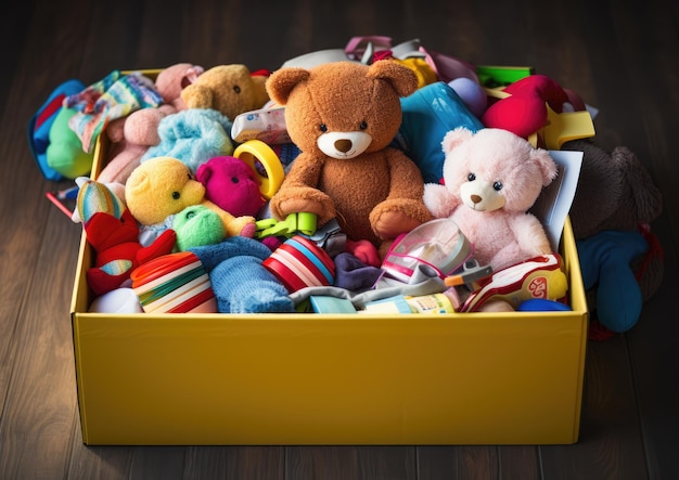 Foto una toma en ángulo alto de una caja de donaciones rebosante de juguetes coloridos que capturan la alegría y