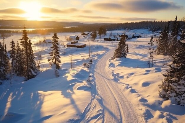 Toma de ángulo alto de una carretera rural cubierta de nieve durante el invierno