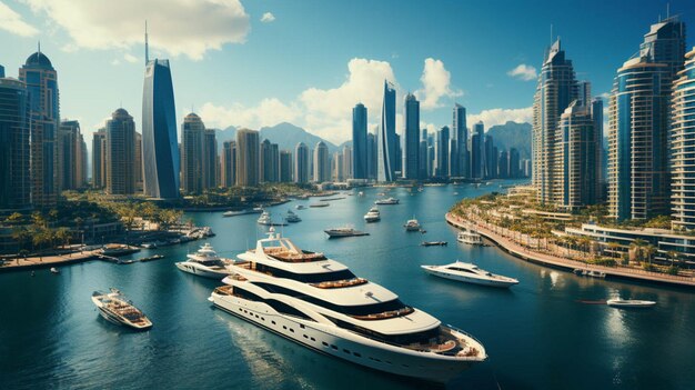 Toma de ángulo alto del Dubai Marina Yacht Club bajo el cielo limpio