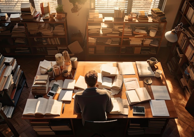 Una toma de ángulo alto de un economista sentado en un escritorio rodeado de montones de libros e investigaciones.