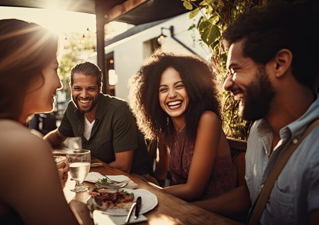 Foto una toma de ángulo alto de un grupo de amigos riendo y disfrutando de una comida en un café al aire libre con