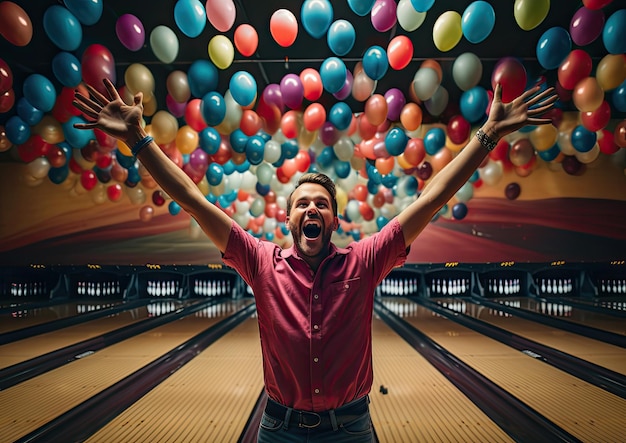 Una toma de ángulo alto de un jugador de bolos celebrando un strike capturada desde arriba para mostrar el júbilo.