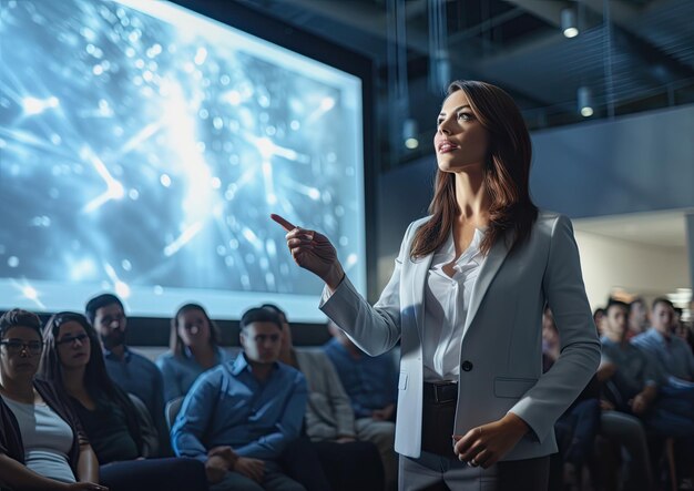 Foto una toma de ángulo alto de una mujer de negocios dando una presentación con una gran pantalla de proyección detrás