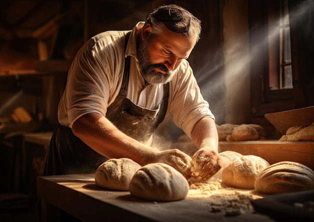 Foto una toma en ángulo alto de un panadero dando forma hábilmente a una barra de pan con una cálida iluminación natural.