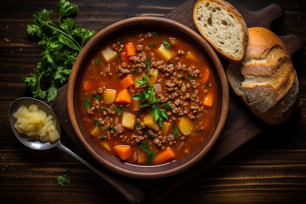 Toma de ángulo alto de un plato blanco de sopa de carne y verduras sobre una mesa de madera