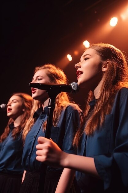 Foto toma de ángulo bajo de un grupo de jóvenes cantantes confiados actuando juntos en el escenario