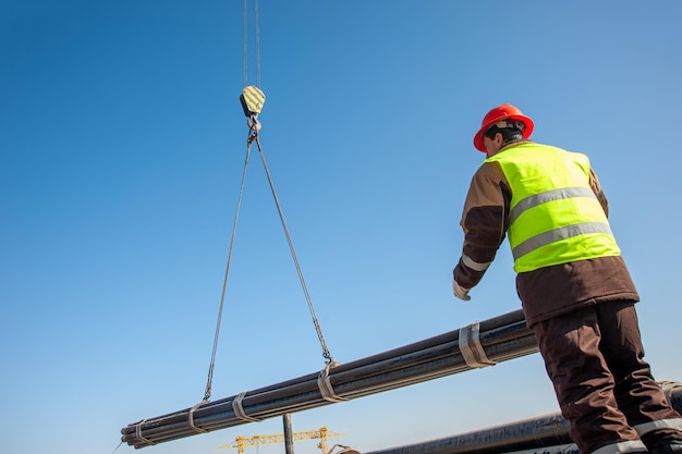 Una toma en ángulo bajo de una persona de pie tratando de transportar tuberías industriales en una grúa