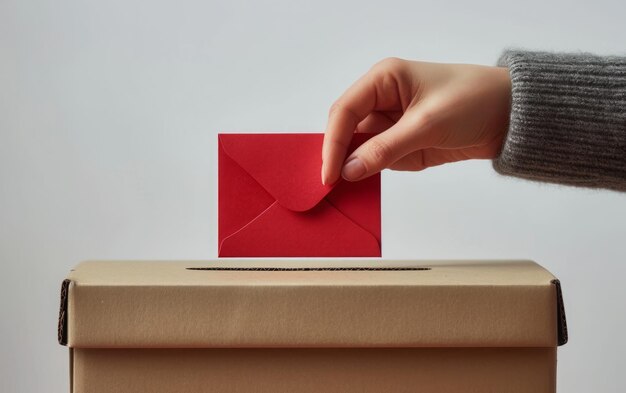 Foto una toma apretada de una mano vestida con un suéter rojo poniendo un sobre rojo en una caja electoral