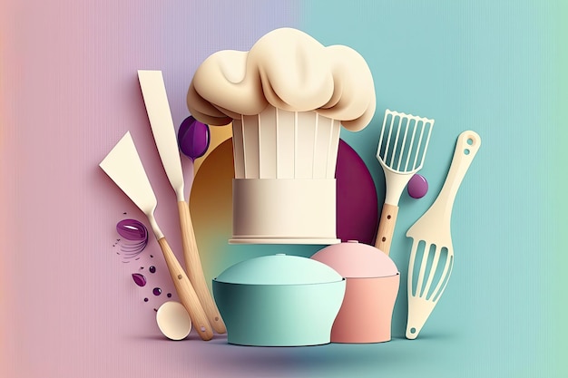 Foto una toma desde arriba de un gorro de chef y varios utensilios de cocina, como tazas y cucharas para medir, sobre un fondo de color pastel generado por ia