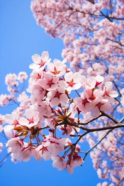 Una toma artística de flores de cerezo desde un ángulo bajo con un cielo azul claro como telón de fondo