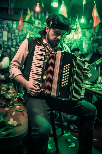 Una toma atmosférica de un concierto nocturno con temática del Día de San Patricio