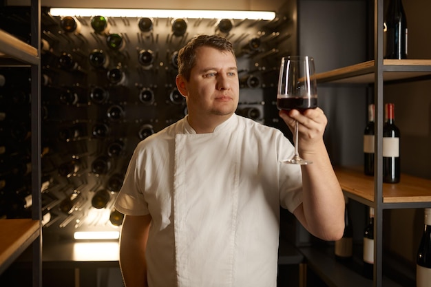 Toma auténtica de un exitoso sommelier masculino que prueba el sabor, verifica la calidad y el tinte del vino. interior de la bodega