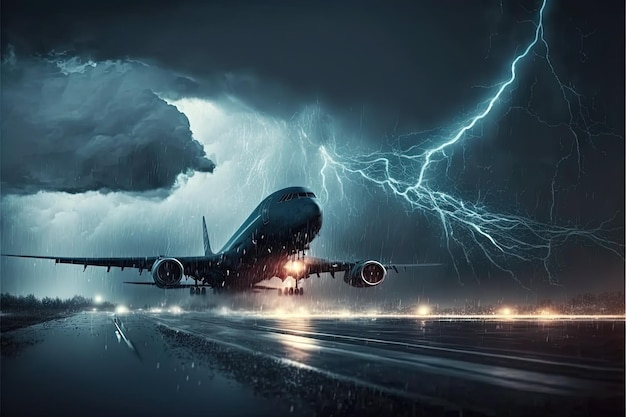 Toma de avión comercial de la pista del aeropuerto en fuerte tormenta Generative Ai